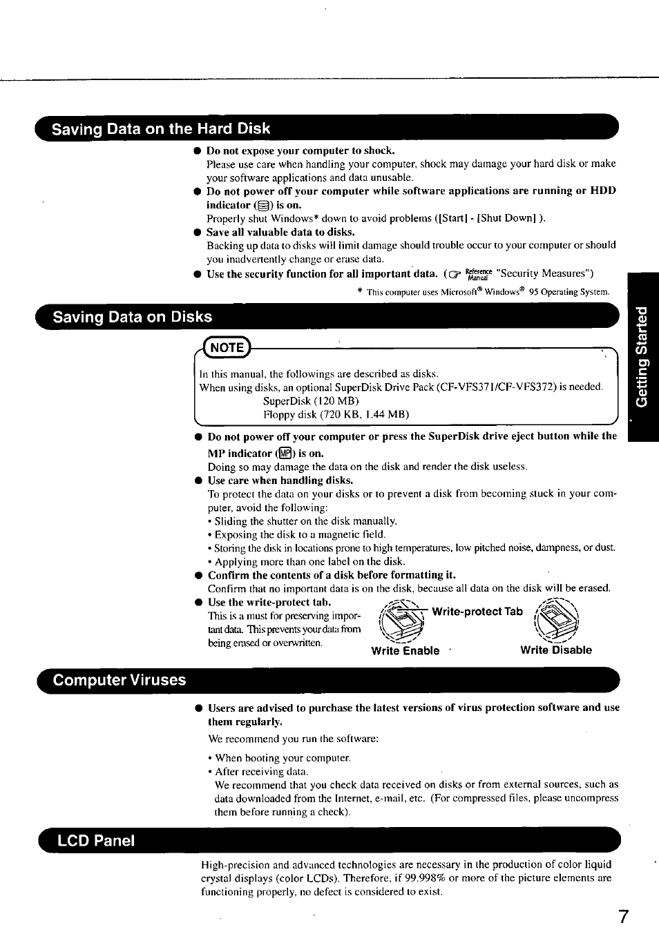 Write-protect tab, Write enable, Write disable | Saving data on the hard disk, Saving data on disks, Computer viruses, Lcd panel | Panasonic TOUGHBOOK CF-37 User Manual | Page 7 / 28