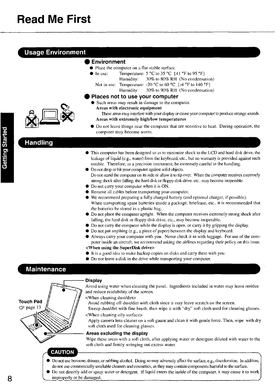 Environment, Places not to use your computer, Display | Read me first | Panasonic TOUGHBOOK CF-37 User Manual | Page 8 / 28