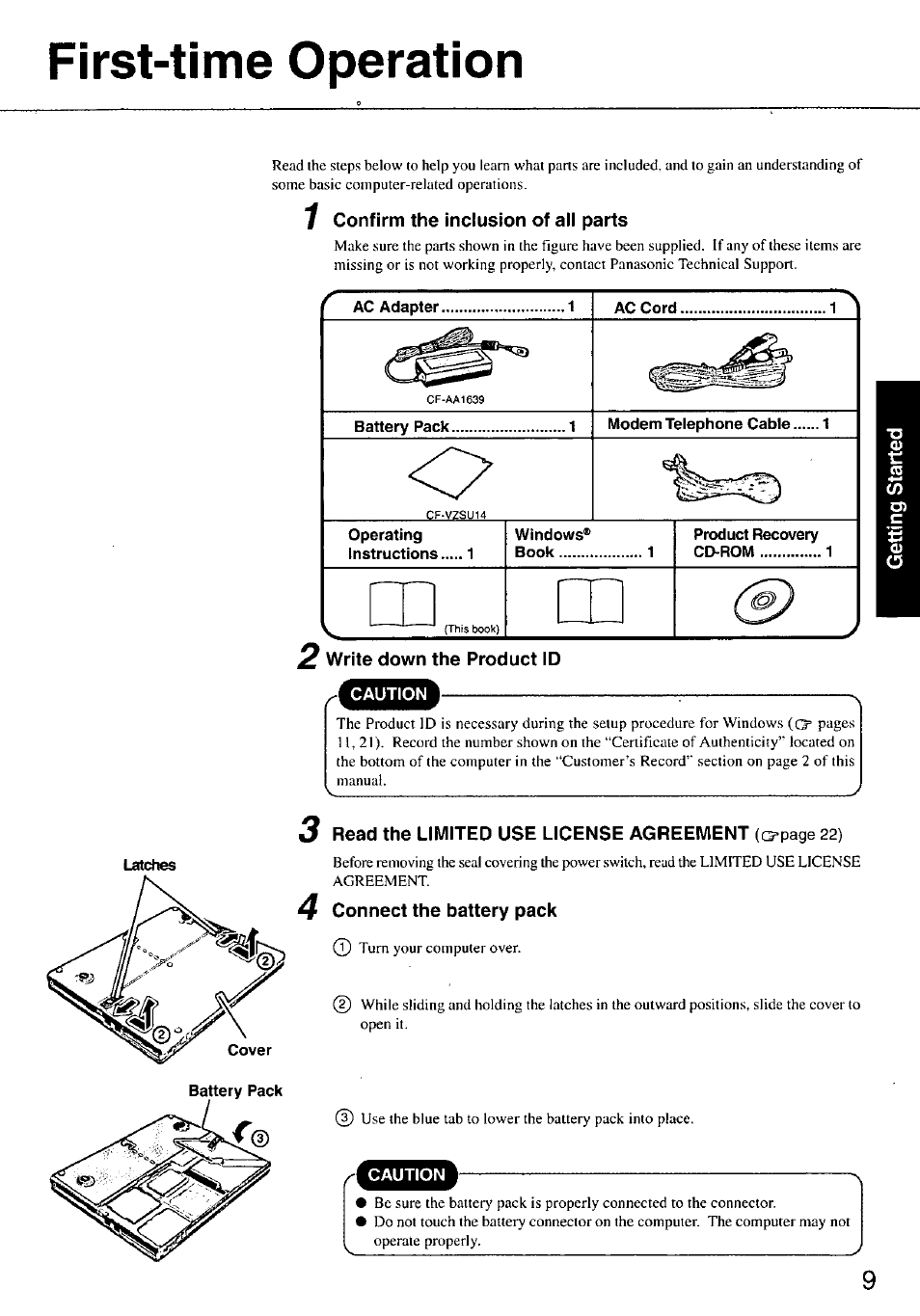 Confirm the inclusion of all parts, Operating instructions 1, Windows | Product recovery cd-rom 1, 2 write down the product id, First-time operation | Panasonic TOUGHBOOK CF-37 User Manual | Page 9 / 28