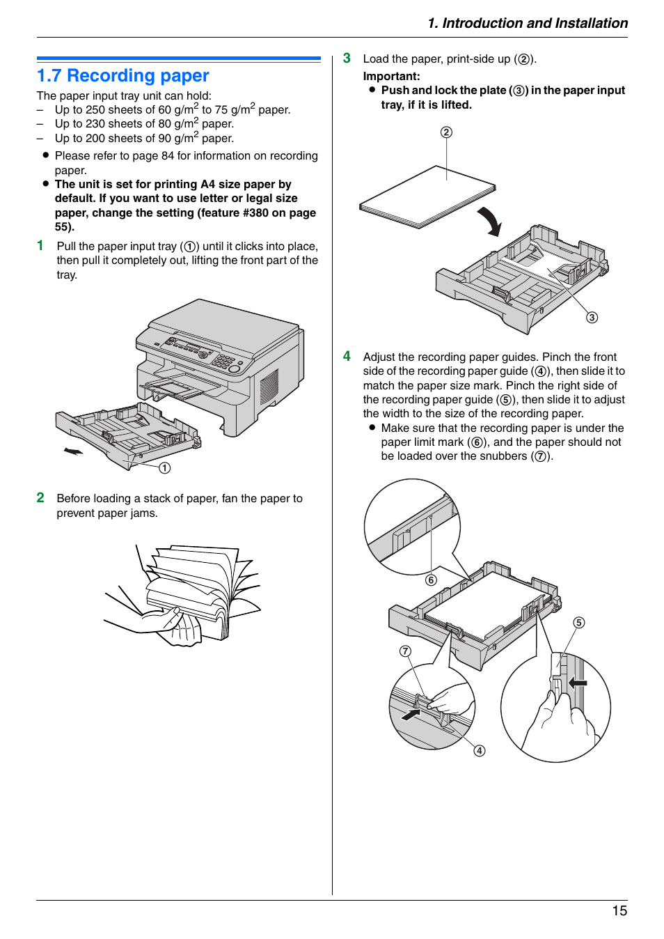 7 recording paper, Recording paper, 7 recording paper | Introduction and installation 15 | Panasonic KX-MB772CX User Manual | Page 15 / 88