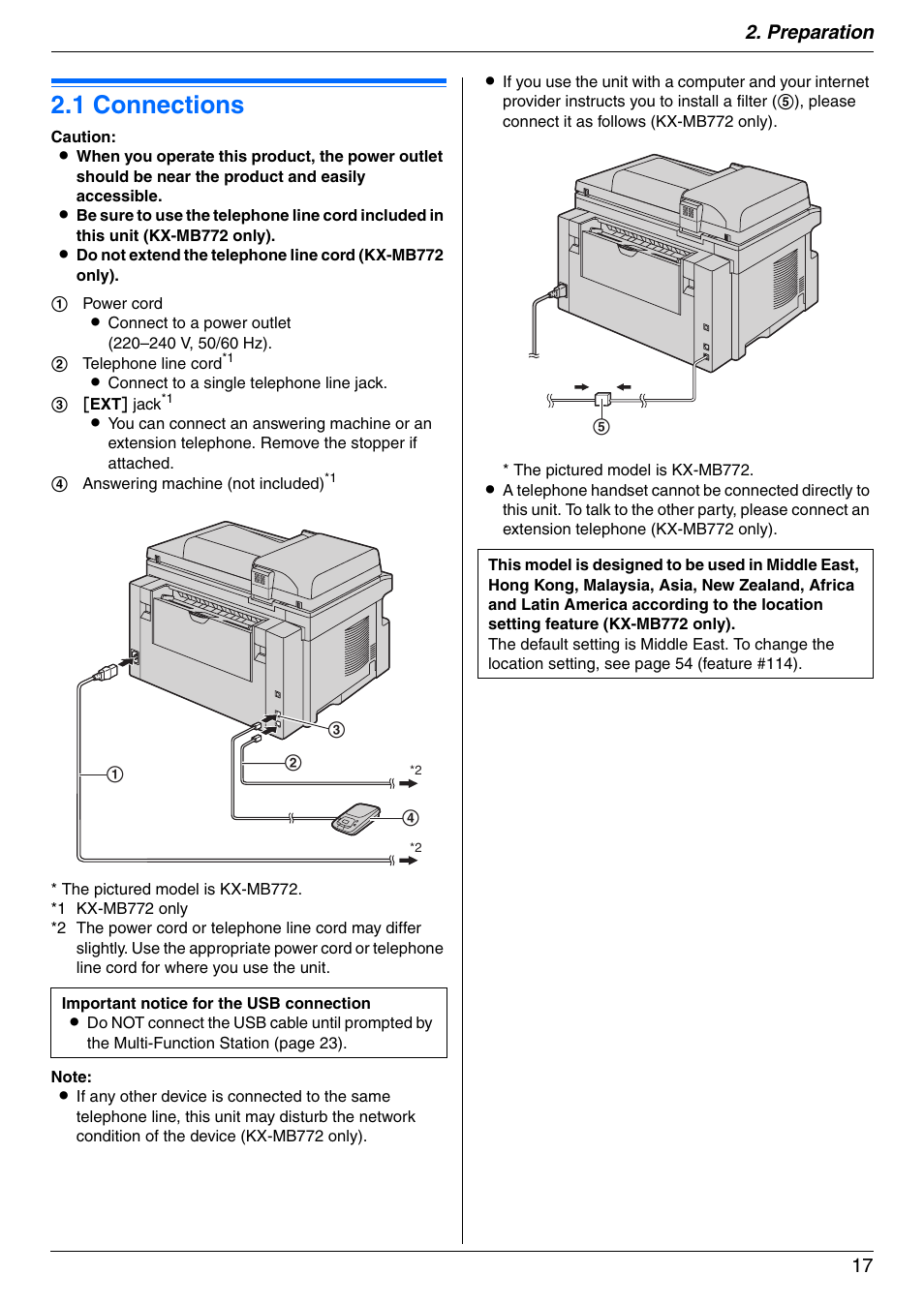 Preparation, Connections and setup, 1 connections | Connections, 1 connections, Preparation 17 | Panasonic KX-MB772CX User Manual | Page 17 / 88