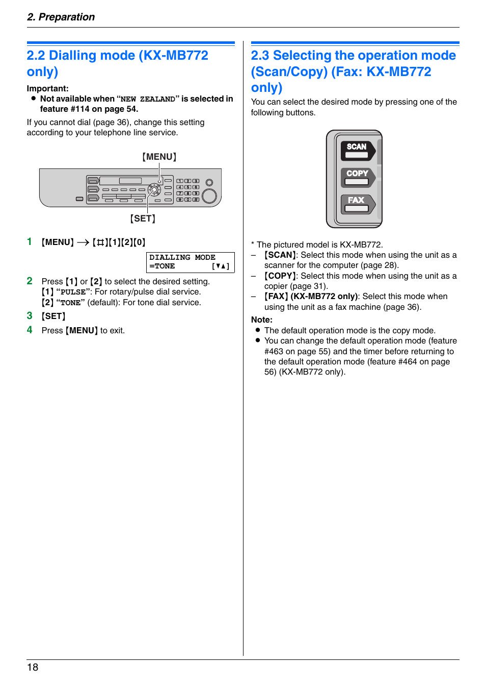 2 dialling mode (kx-mb772 only), Dialling mode (kx-mb772 only), 2 dialling mode (kx-mb772 only) | Panasonic KX-MB772CX User Manual | Page 18 / 88