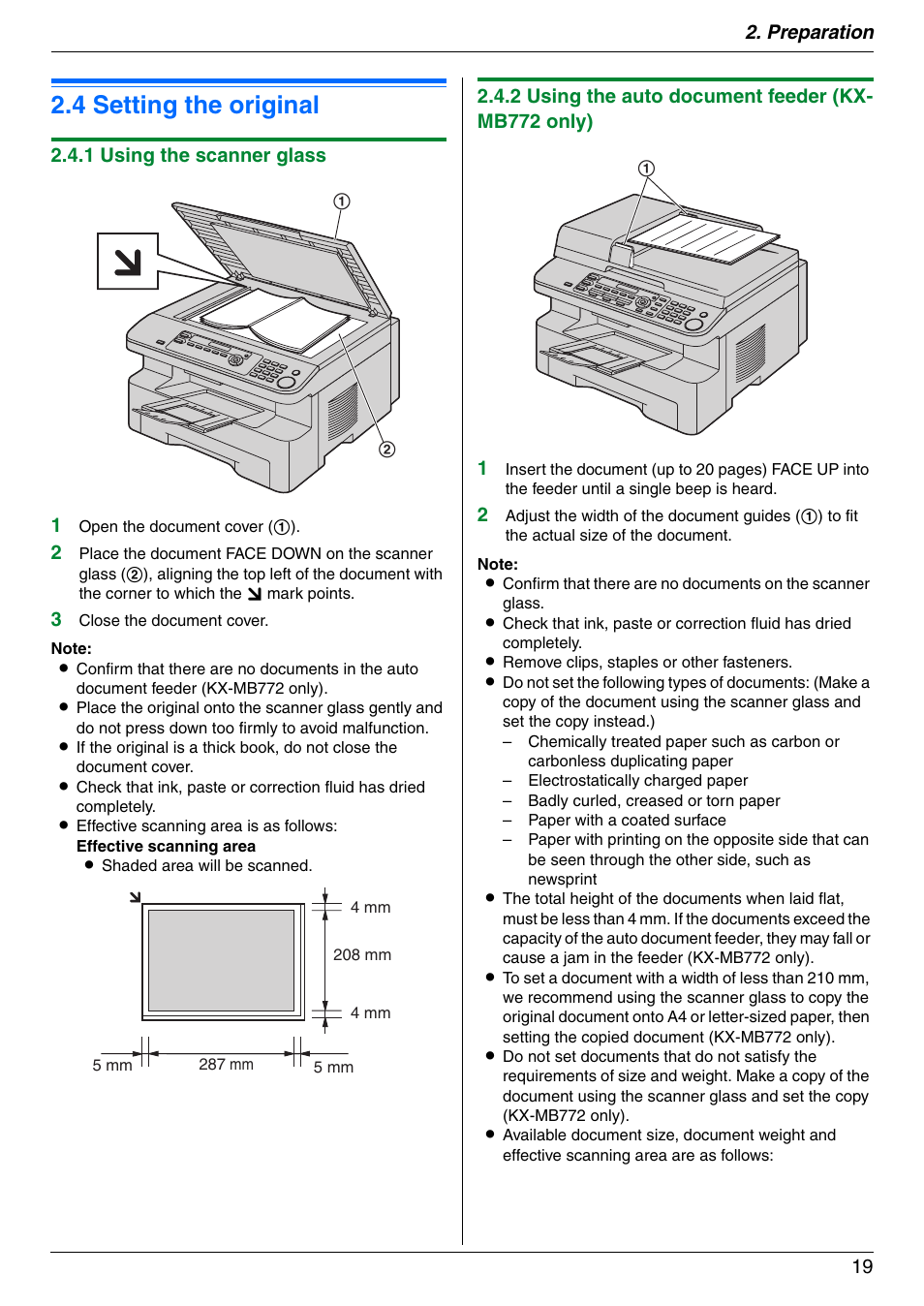 Document requirements, 4 setting the original, Setting the original | 4 setting the original, Preparation 19, 1 using the scanner glass 1 | Panasonic KX-MB772CX User Manual | Page 19 / 88