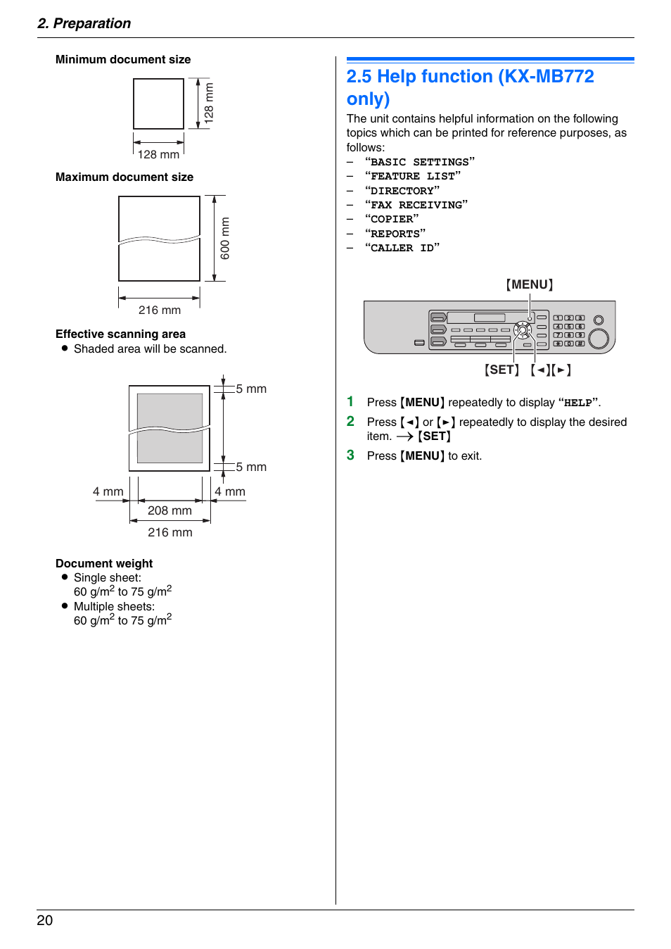 Help, 5 help function (kx-mb772 only), Help function (kx-mb772 only) | 5 help function (kx-mb772 only), Preparation 20 | Panasonic KX-MB772CX User Manual | Page 20 / 88