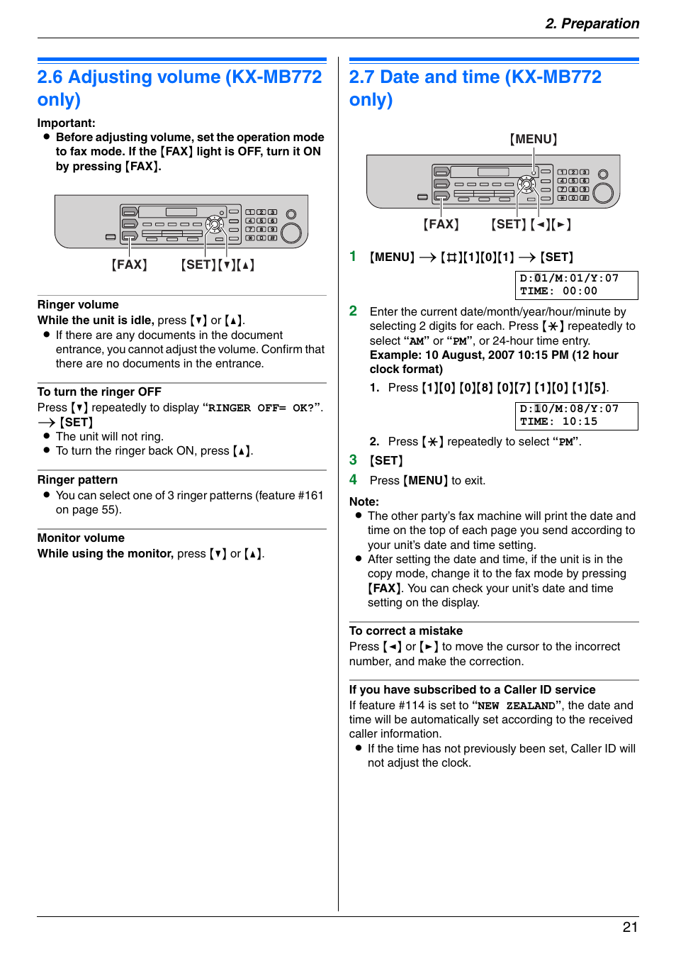 Volume, 6 adjusting volume (kx-mb772 only), Initial programming | 7 date and time (kx-mb772 only), Adjusting volume (kx-mb772 only), Date and time (kx-mb772 only), 6 adjusting volume (kx-mb772 only), 7 date and time (kx-mb772 only), Preparation 21 | Panasonic KX-MB772CX User Manual | Page 21 / 88