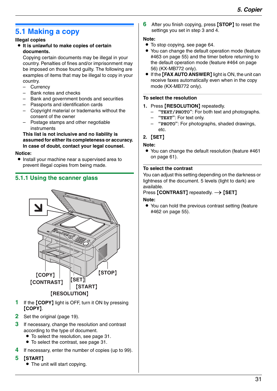 Copier, Copy, 1 making a copy | Making a copy, 1 making a copy, Copier 31, 1 using the scanner glass 1 | Panasonic KX-MB772CX User Manual | Page 31 / 88