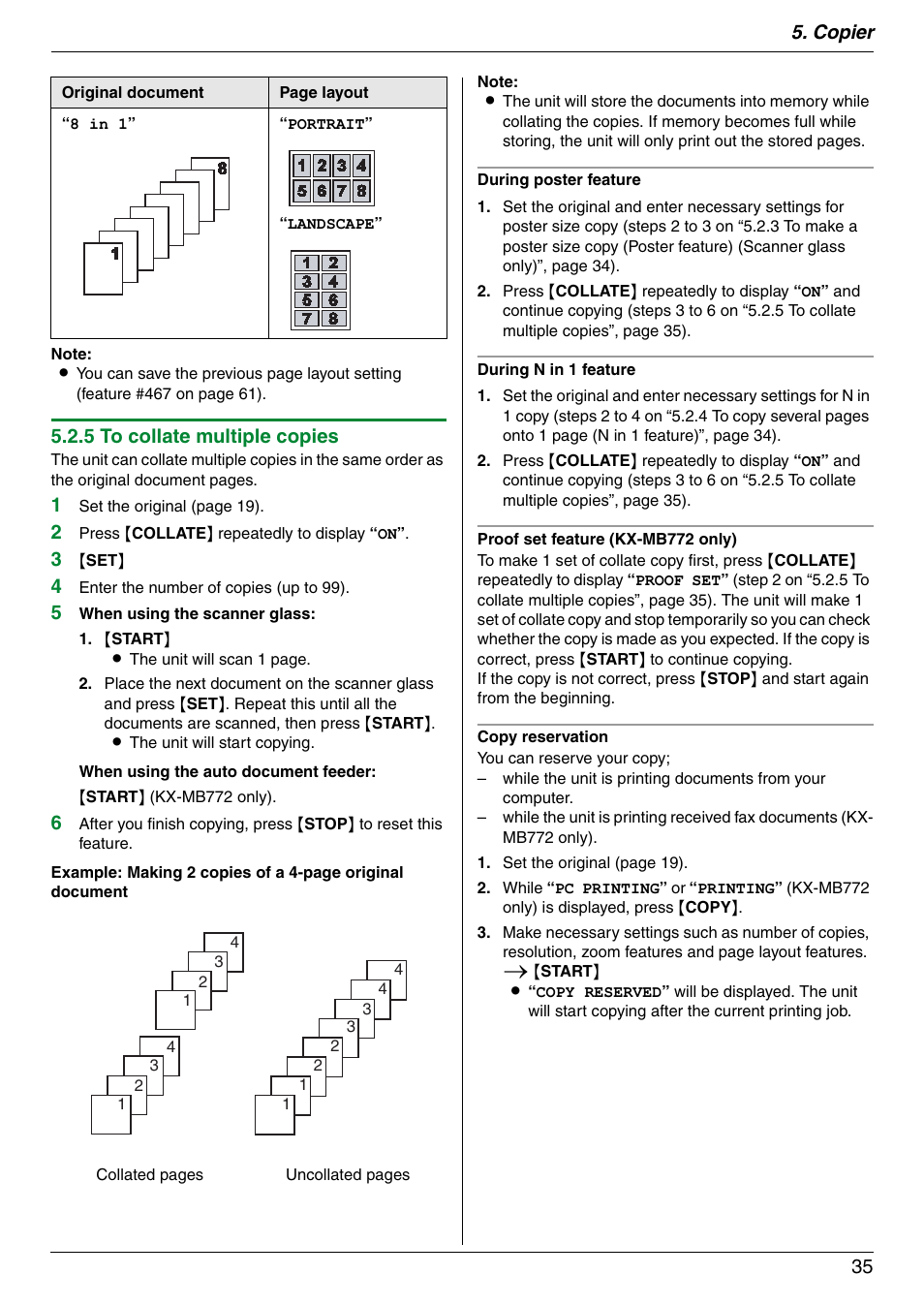 Copier 35, 5 to collate multiple copies | Panasonic KX-MB772CX User Manual | Page 35 / 88