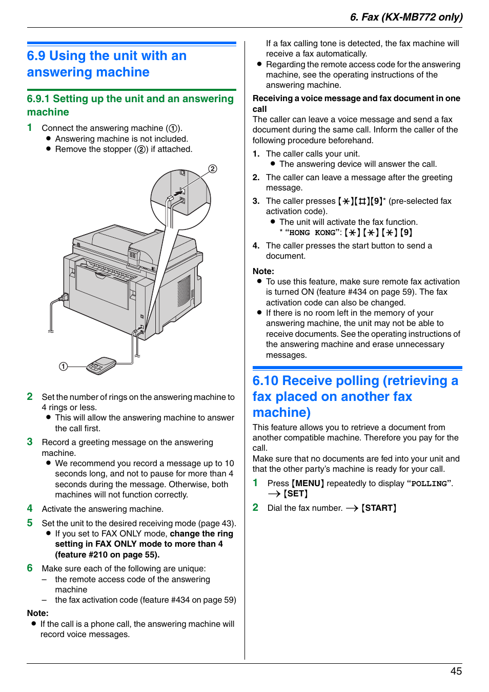 9 using the unit with an answering machine, Using the unit with an answering machine, Receive polling (retrieving a fax placed on | Another fax machine), 9 using the unit with an answering machine | Panasonic KX-MB772CX User Manual | Page 45 / 88