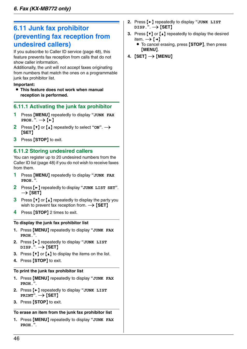 Junk fax prohibitor (preventing fax reception, From undesired callers) | Panasonic KX-MB772CX User Manual | Page 46 / 88