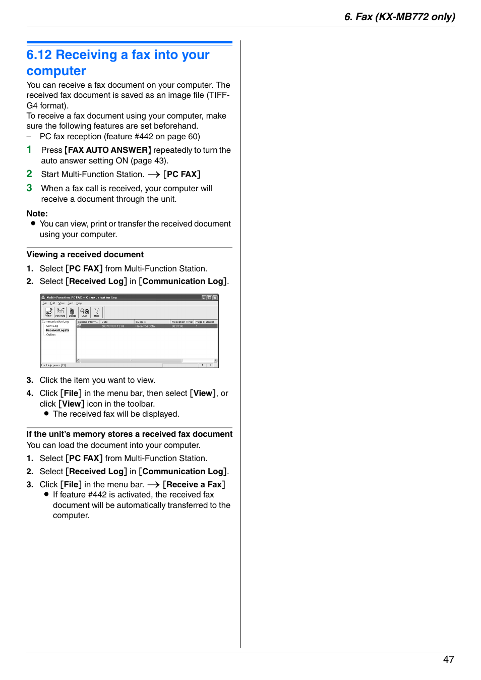 12 receiving a fax into your computer, Receiving a fax into your computer, 12 receiving a fax into your computer | Panasonic KX-MB772CX User Manual | Page 47 / 88