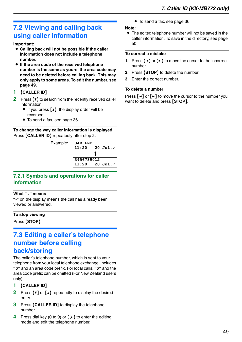 Viewing and calling back using caller information | Panasonic KX-MB772CX User Manual | Page 49 / 88