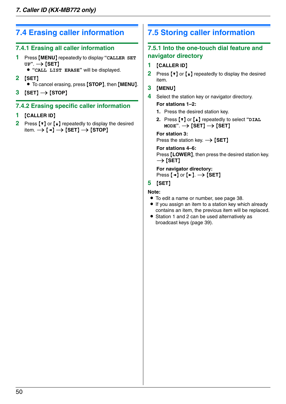 4 erasing caller information, 5 storing caller information, Erasing caller information | Storing caller information, 4 erasing caller information, 5 storing caller information | Panasonic KX-MB772CX User Manual | Page 50 / 88