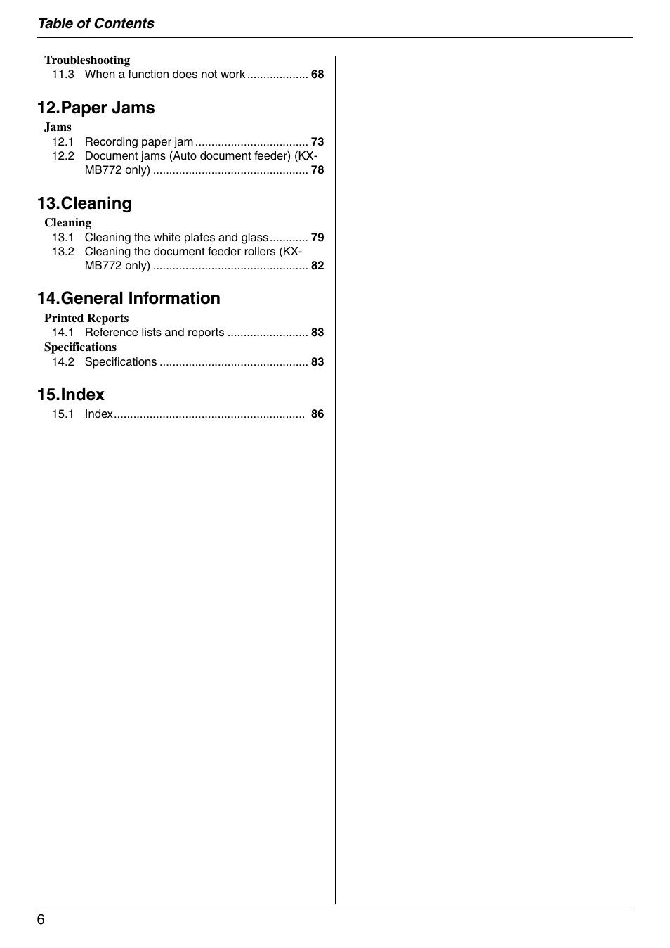 Paper jams, Cleaning, General information | Index | Panasonic KX-MB772CX User Manual | Page 6 / 88