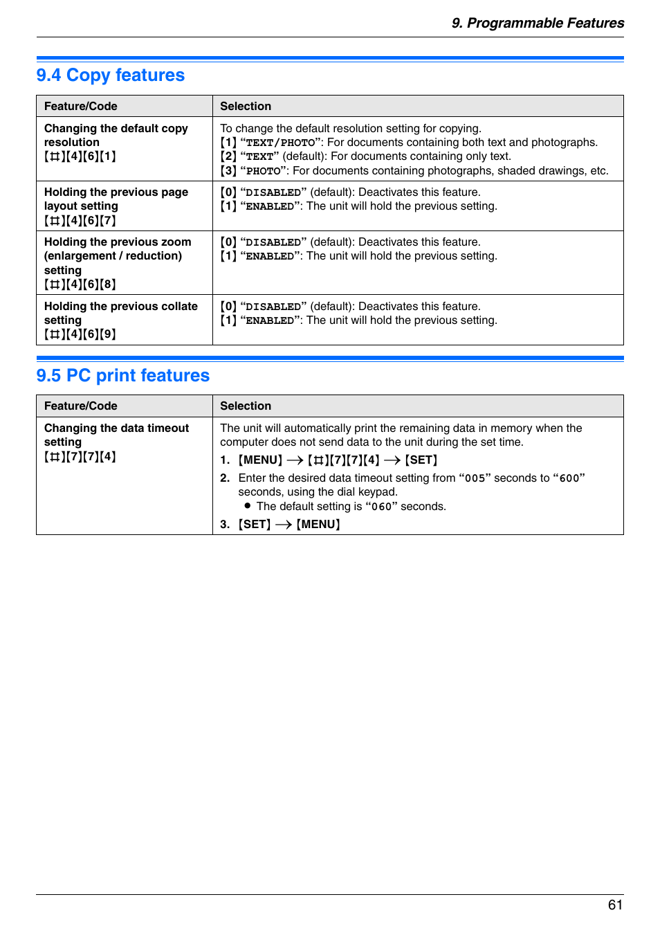 4 copy features, 5 pc print features, Copy features | Pc print features, 4 copy features 9.5 pc print features, Programmable features 61 | Panasonic KX-MB772CX User Manual | Page 61 / 88