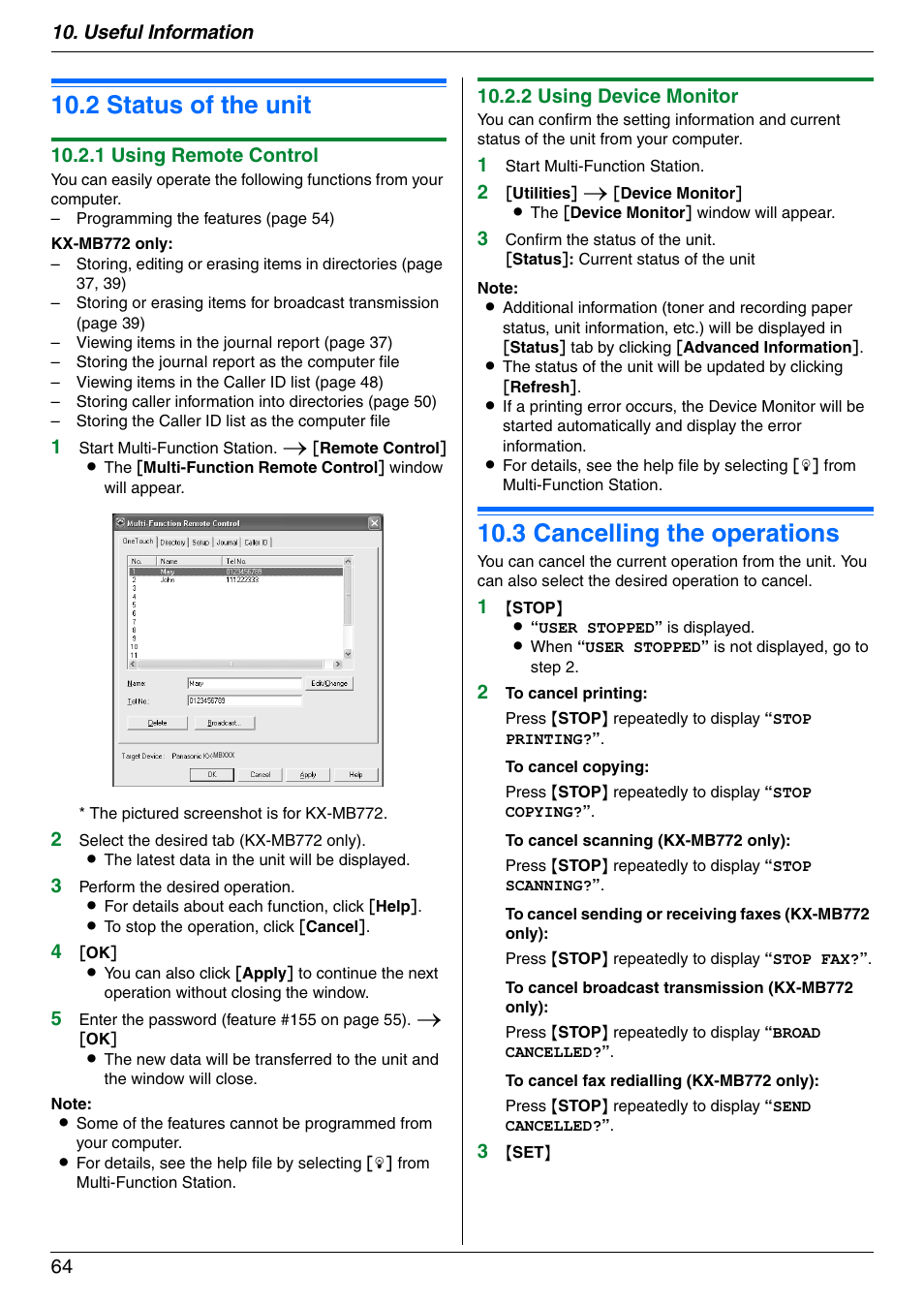 2 status of the unit, 3 cancelling the operations, Status of the unit | Cancelling the operations, 2 status of the unit, 3 cancelling the operations | Panasonic KX-MB772CX User Manual | Page 64 / 88