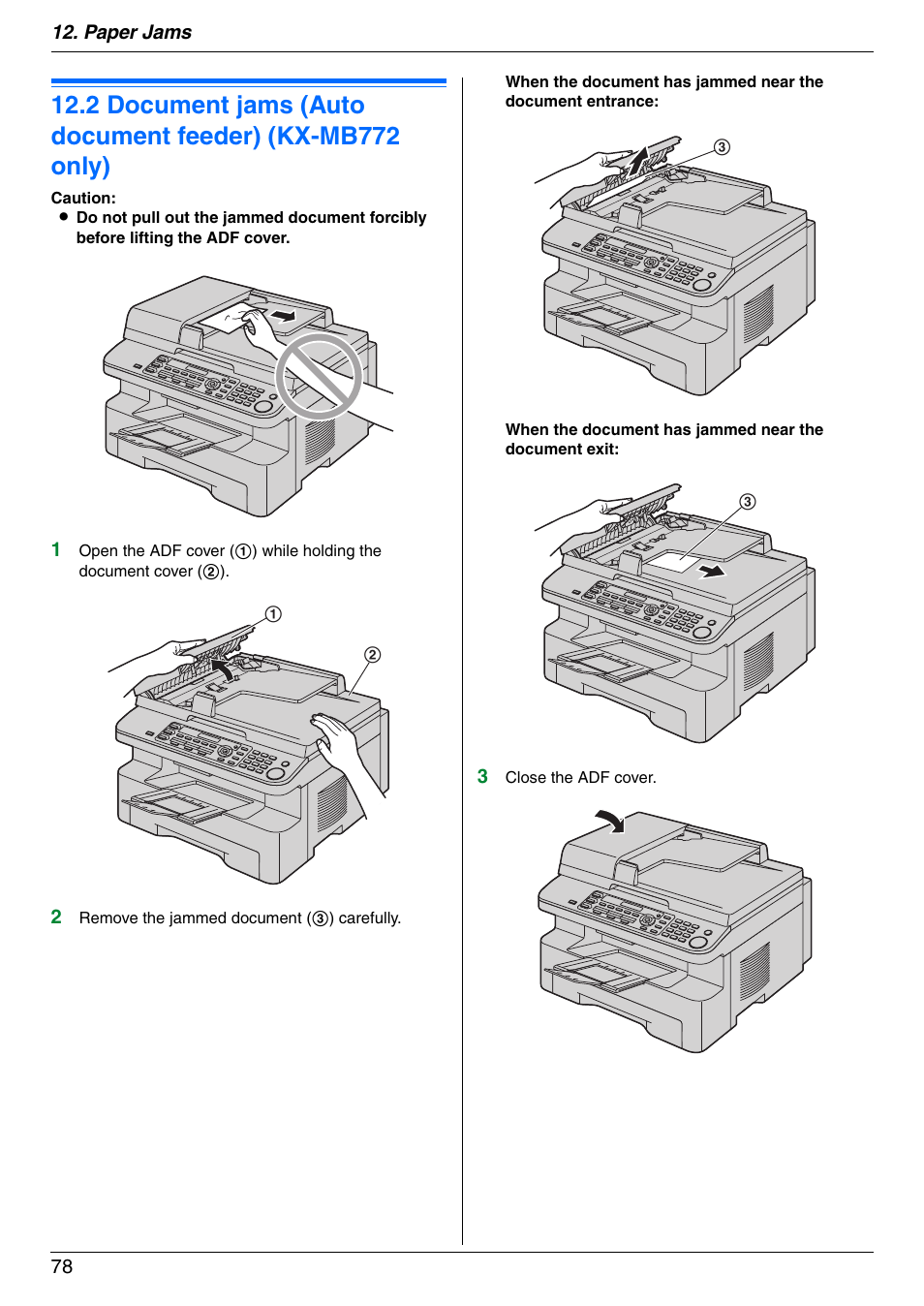 Document jams (auto document feeder) (kx, Mb772 only) | Panasonic KX-MB772CX User Manual | Page 78 / 88