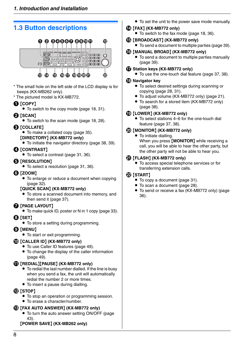 Finding the controls, 3 button descriptions, Button descriptions | 3 button descriptions | Panasonic KX-MB772CX User Manual | Page 8 / 88