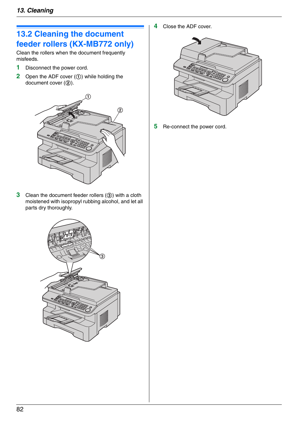 Cleaning the document feeder rollers (kx, Mb772 only) | Panasonic KX-MB772CX User Manual | Page 82 / 88