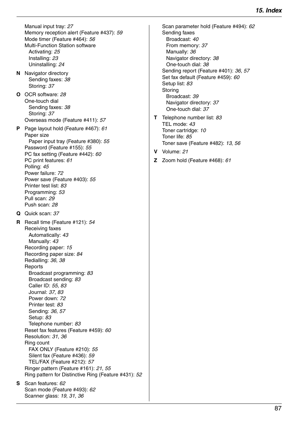 Index 87 | Panasonic KX-MB772CX User Manual | Page 87 / 88