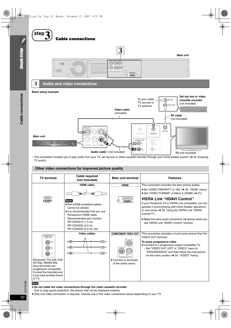 Step, Si mp le s etu p, Cable connections | Audio and video connections, Viera link “hdavi control, Ca b le co nn e c ti on s | Panasonic SC-PT465 User Manual | Page 10 / 44