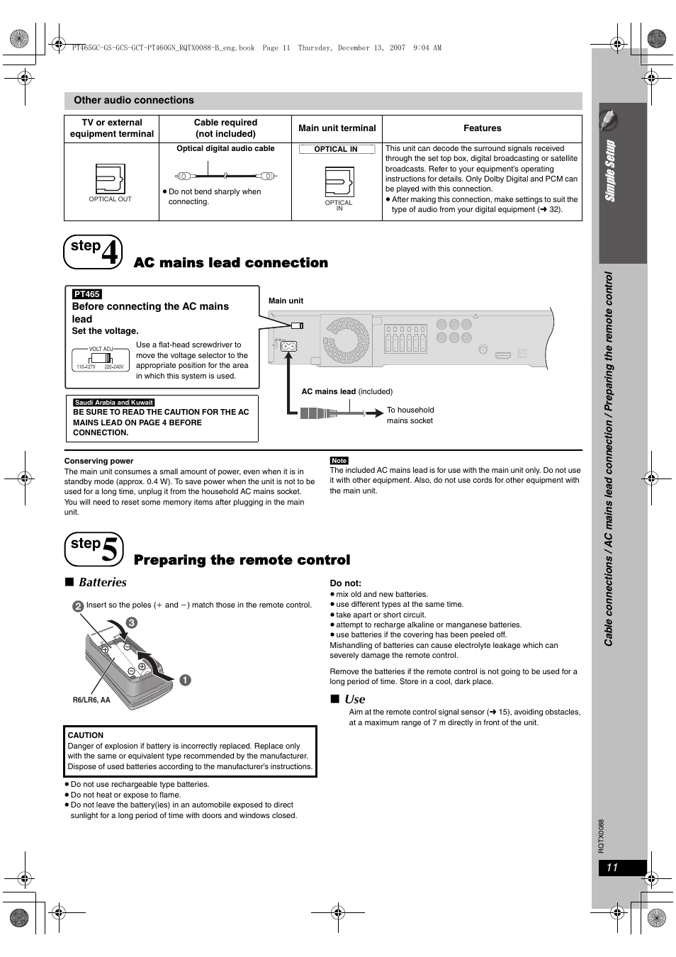 Step, Ac mains lead connection, Preparing the remote control | Batteries | Panasonic SC-PT465 User Manual | Page 11 / 44