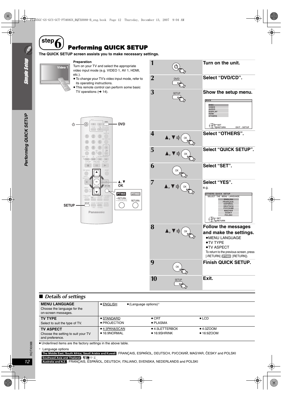 Step, Performing quick setup, Details of settings | Si mp le s etu p, Turn on the unit, Select “dvd/cd, Show the setup menu, Select “others, Select “quick setup, Select “set | Panasonic SC-PT465 User Manual | Page 12 / 44