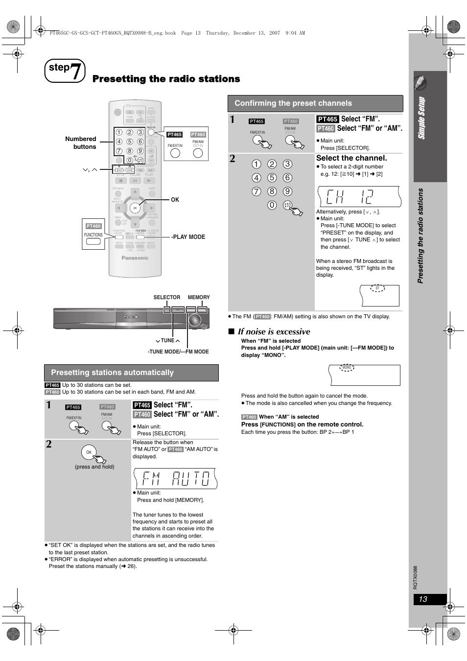 Step, Presetting the radio stations, If noise is excessive | Si mp le s etu p, Presetting stations automatically, Confirming the preset channels, Select the channel | Panasonic SC-PT465 User Manual | Page 13 / 44