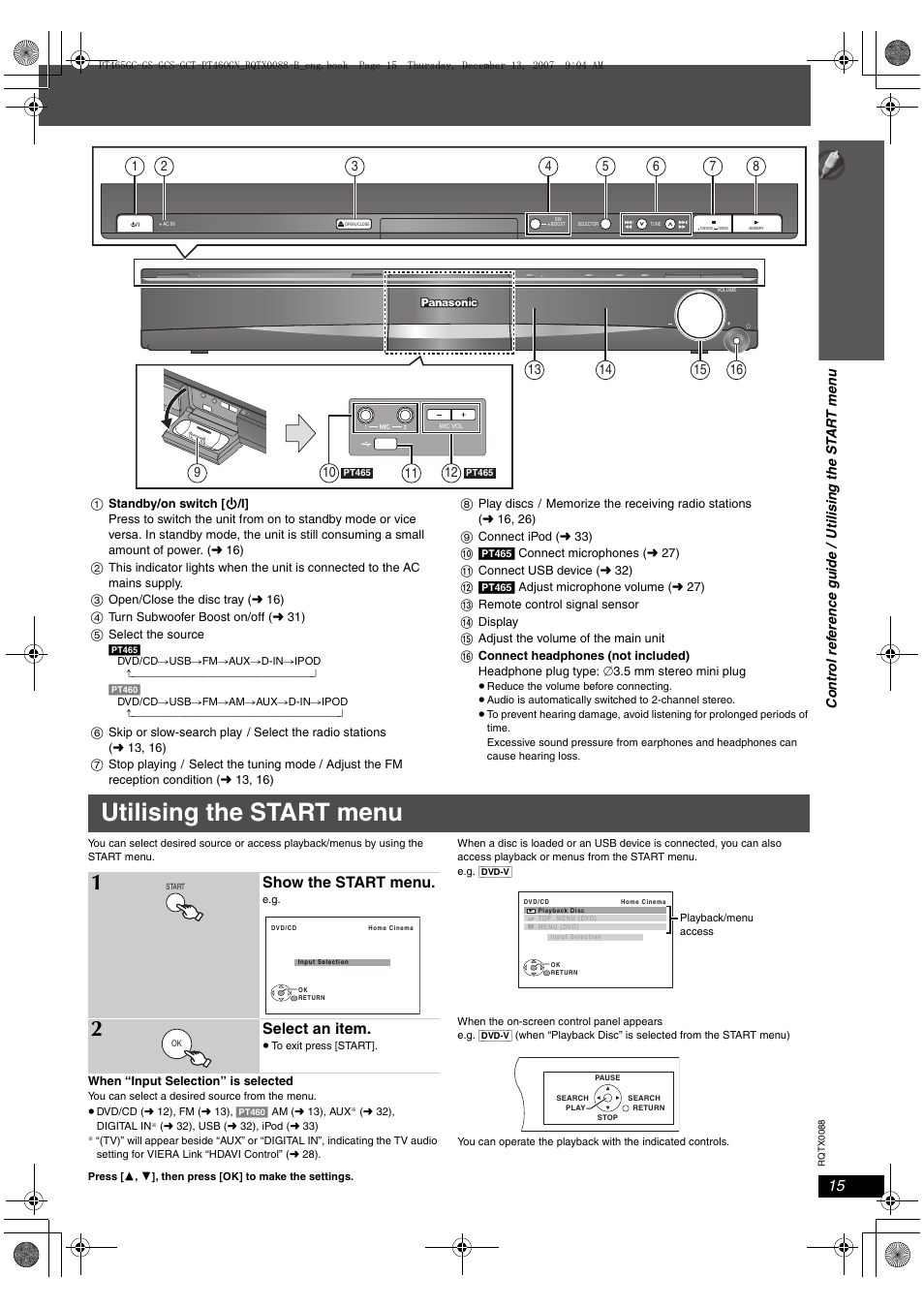 Utilising the start menu, Show the start menu, Select an item | Panasonic SC-PT465 User Manual | Page 15 / 44