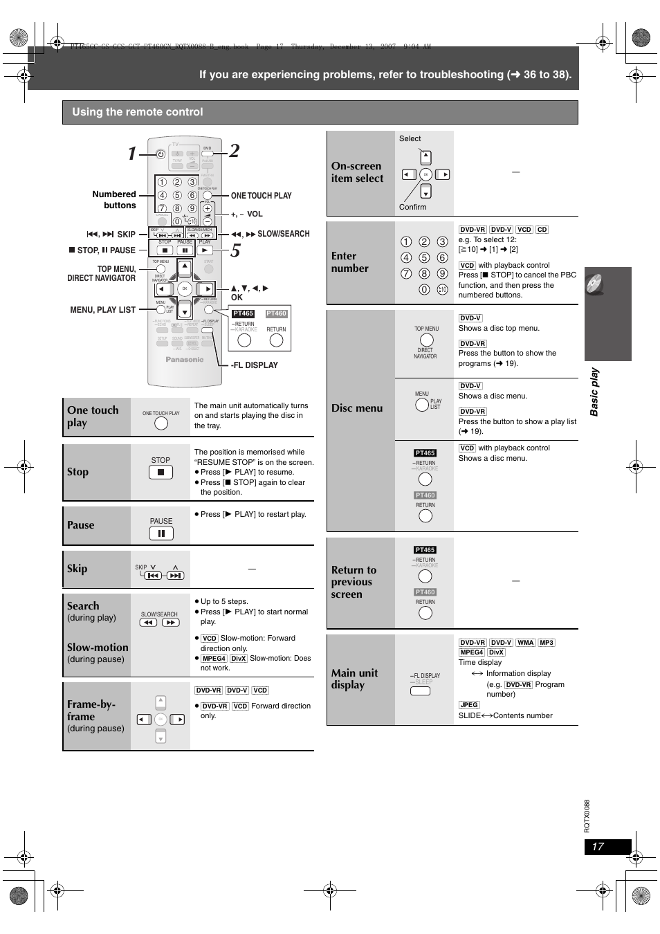 Stop, Pause, Skip search | Slow-motion, Frame-by- frame, On-screen item select, Enter number, Disc menu, Return to previous screen main unit display, Ba sic pla y | Panasonic SC-PT465 User Manual | Page 17 / 44