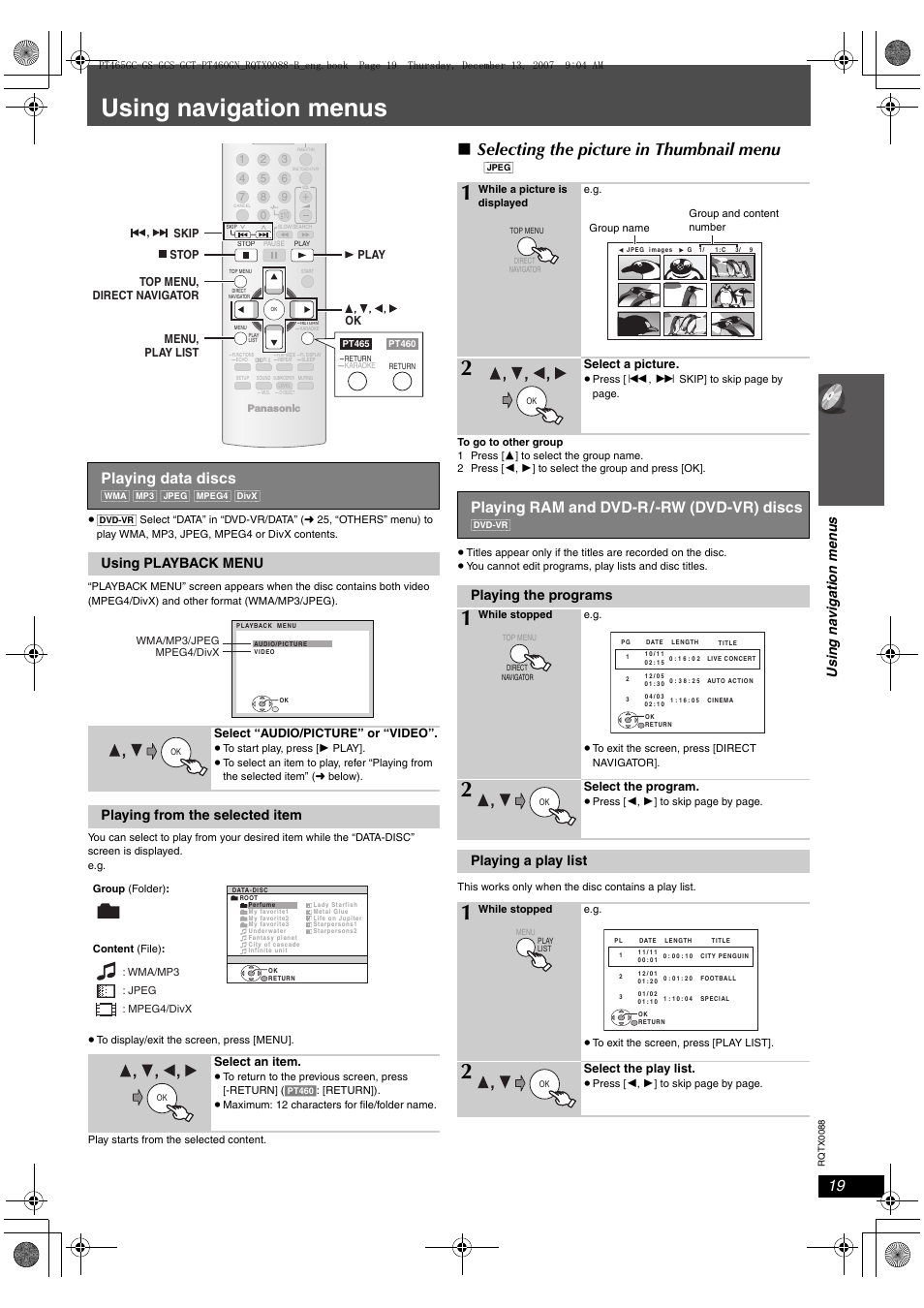 Using navigation menus, Selecting the picture in thumbnail menu, Playing data discs | Playing ram and dvd-r/-rw (dvd-vr) discs, Using playback menu, Playing from the selected item, Playing the programs, Playing a play list | Panasonic SC-PT465 User Manual | Page 19 / 44