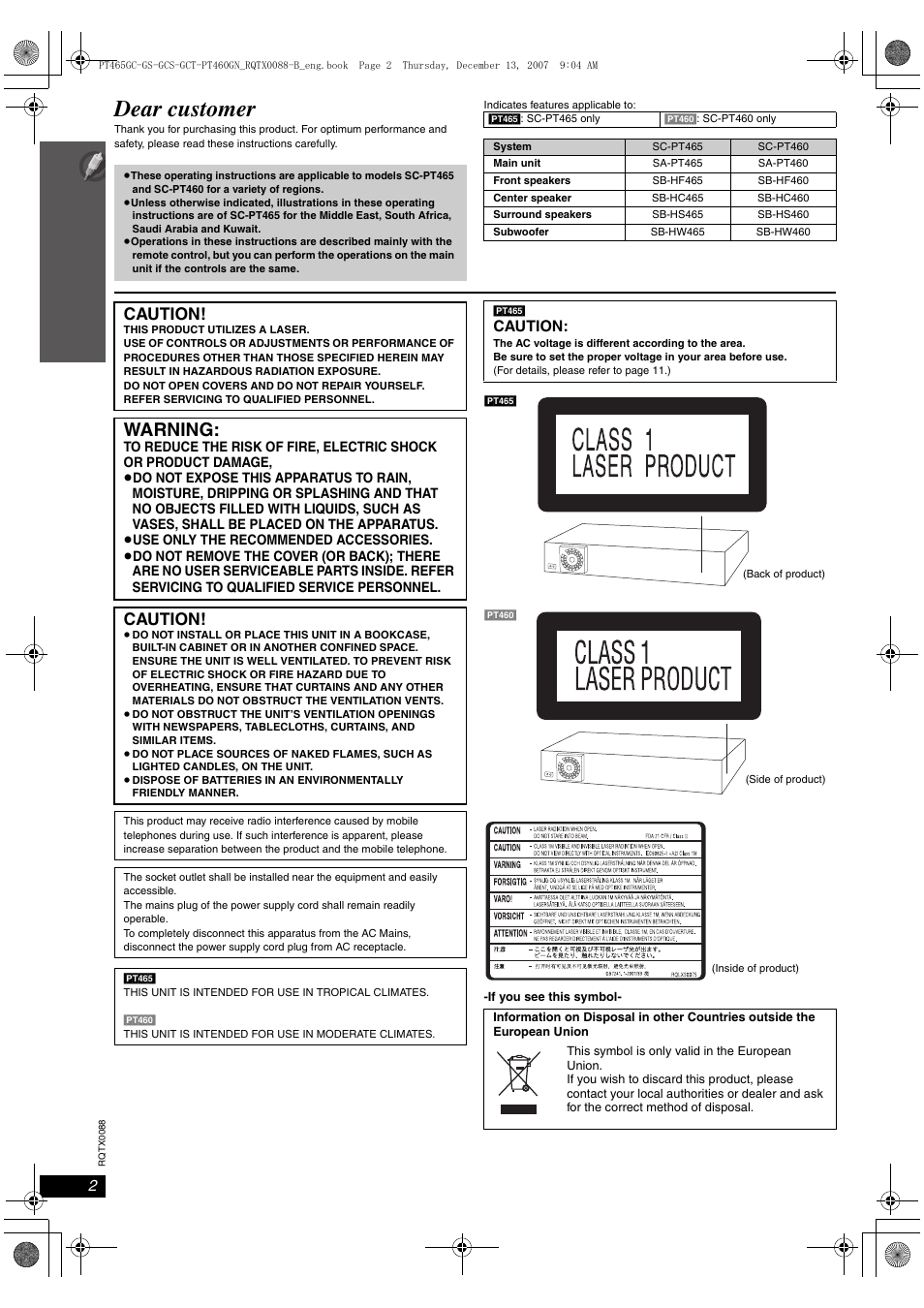 Dear customer, Warning, Caution | Panasonic SC-PT465 User Manual | Page 2 / 44