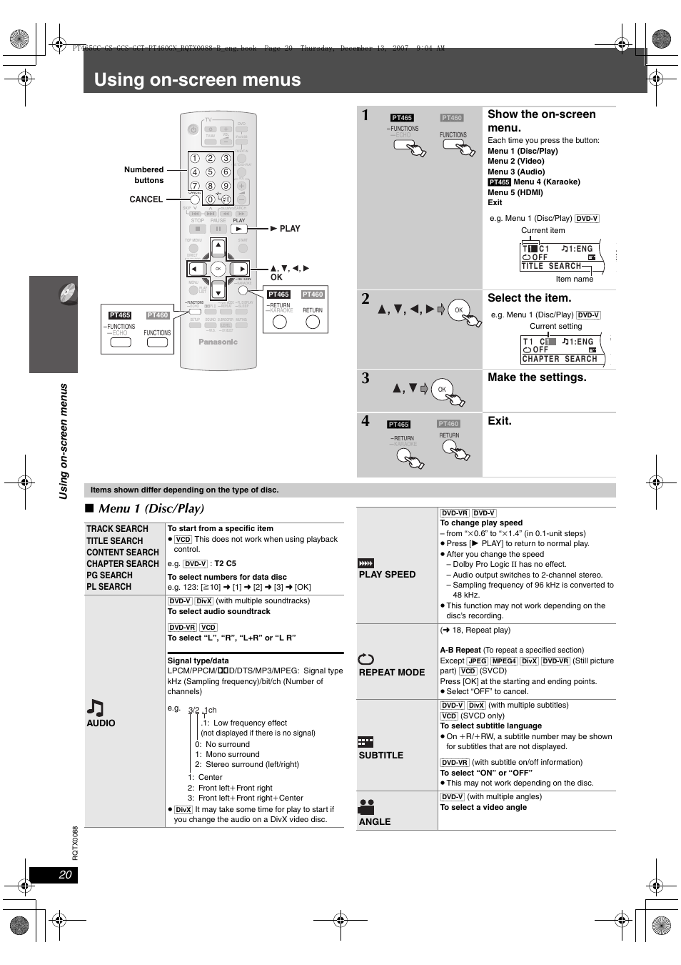 Using on-screen menus, Menu 1 (disc/play), Show the on-screen menu | Select the item, Make the settings, Exit, Usin g on -screen men u s | Panasonic SC-PT465 User Manual | Page 20 / 44