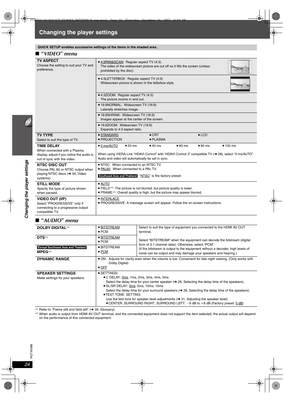 Changing the player settings, Video ” menu ∫ “ audio ” menu | Panasonic SC-PT465 User Manual | Page 24 / 44