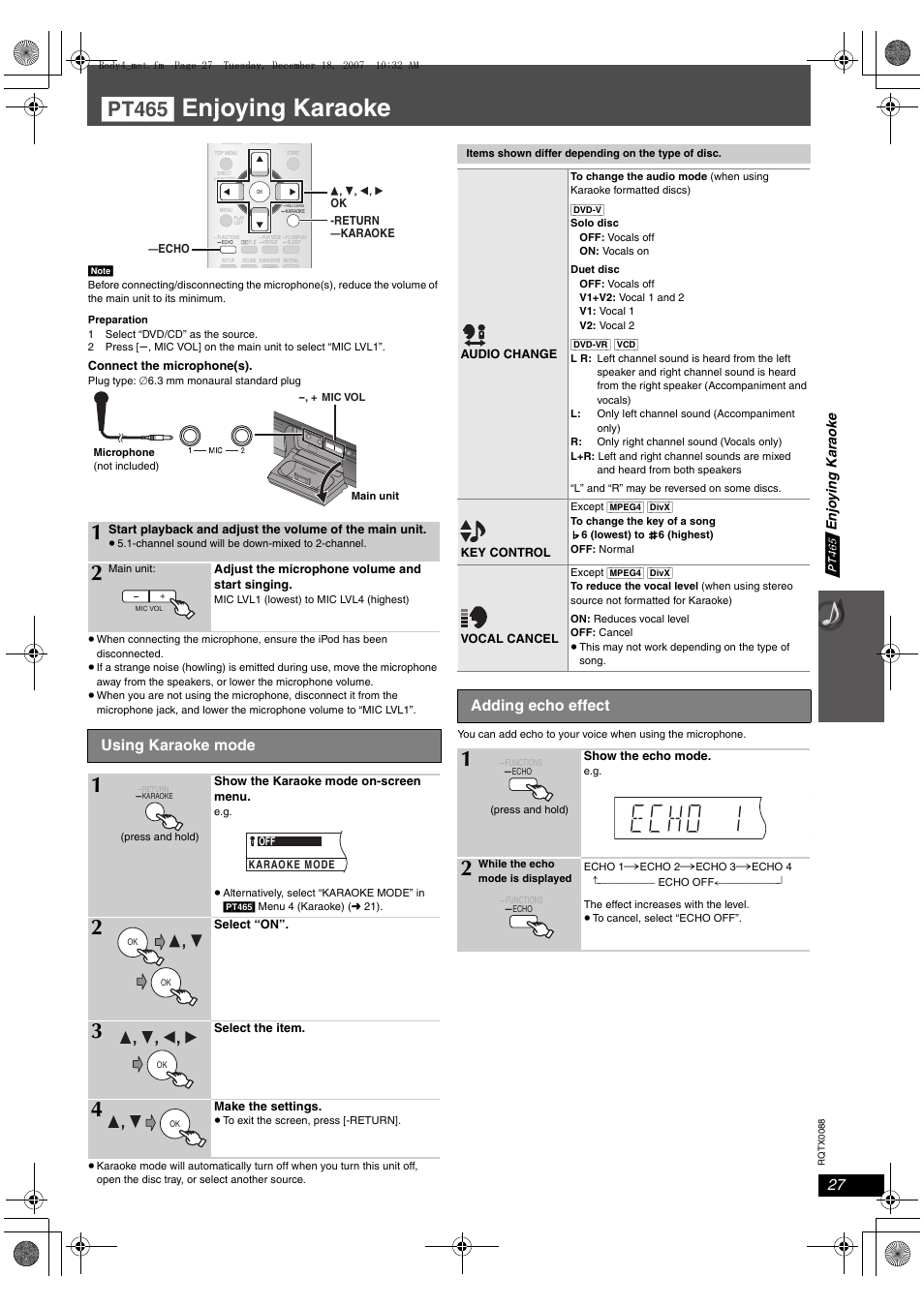 Pt465] enjoying karaoke, Using karaoke mode, Adding echo effect | Panasonic SC-PT465 User Manual | Page 27 / 44