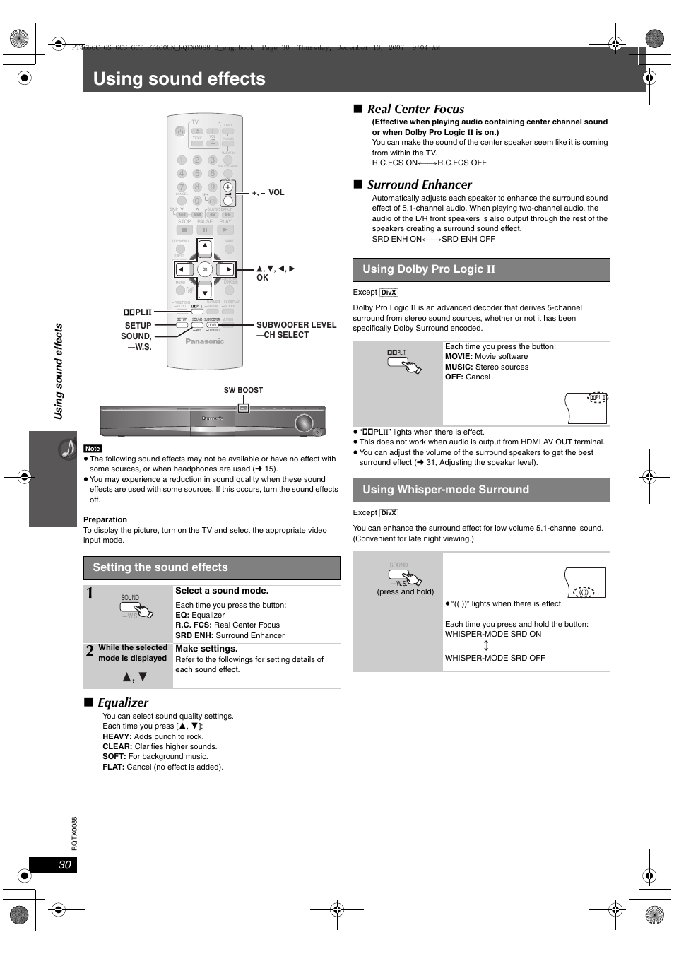 Using sound effects, Equalizer, Real center focus | Surround enhancer, Setting the sound effects, Using dolby pro logic ii, Using whisper-mode surround, Usi ng soun d eff ects | Panasonic SC-PT465 User Manual | Page 30 / 44