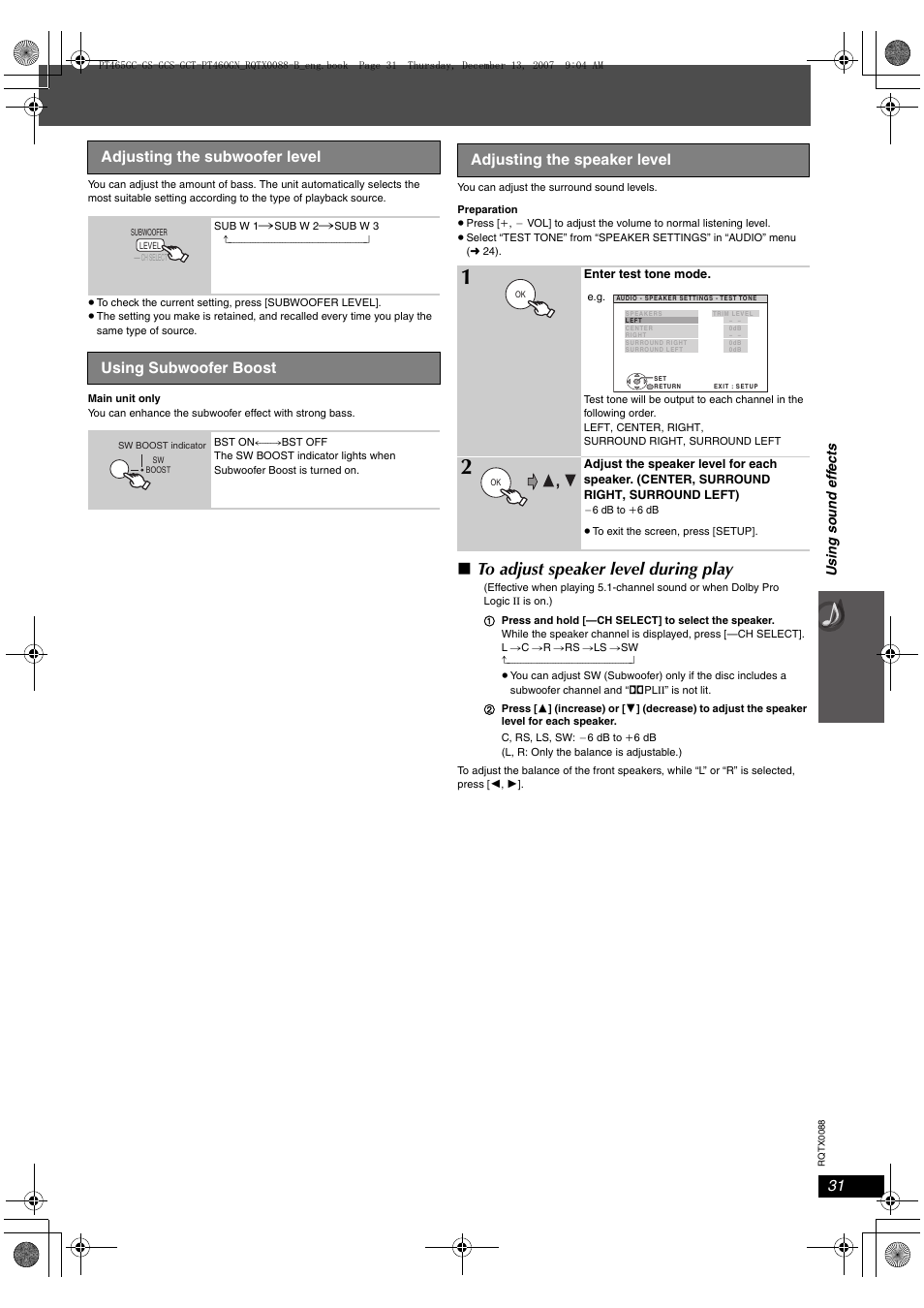 Adjusting the subwoofer level, Using subwoofer boost, Adjusting the speaker level | Panasonic SC-PT465 User Manual | Page 31 / 44