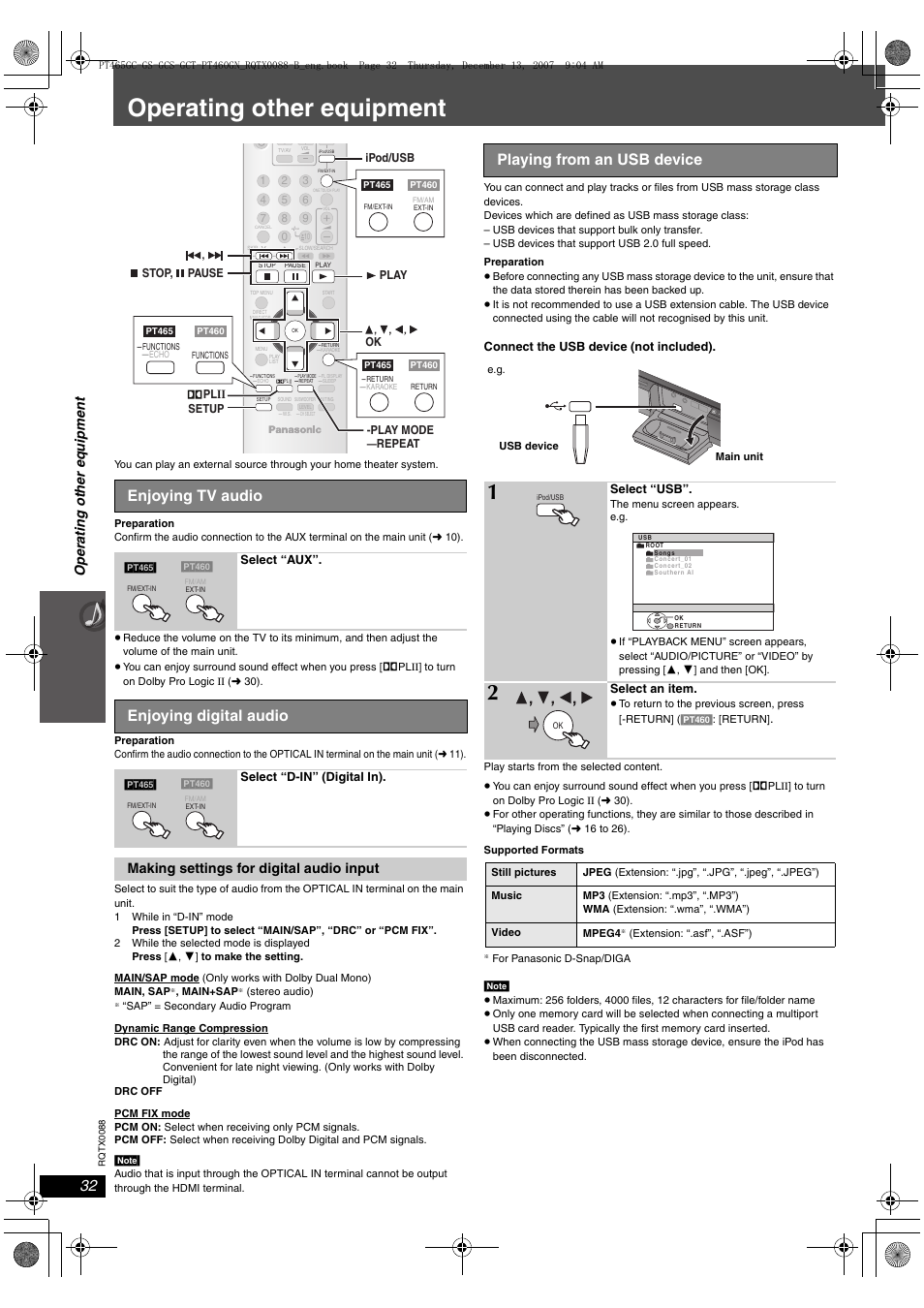 Operating other equipment, Enjoying tv audio, Enjoying digital audio | Playing from an usb device, Op e rati n g othe r equ ipme n t, Making settings for digital audio input | Panasonic SC-PT465 User Manual | Page 32 / 44