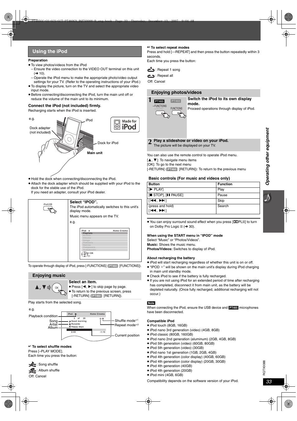 Using the ipod | Panasonic SC-PT465 User Manual | Page 33 / 44