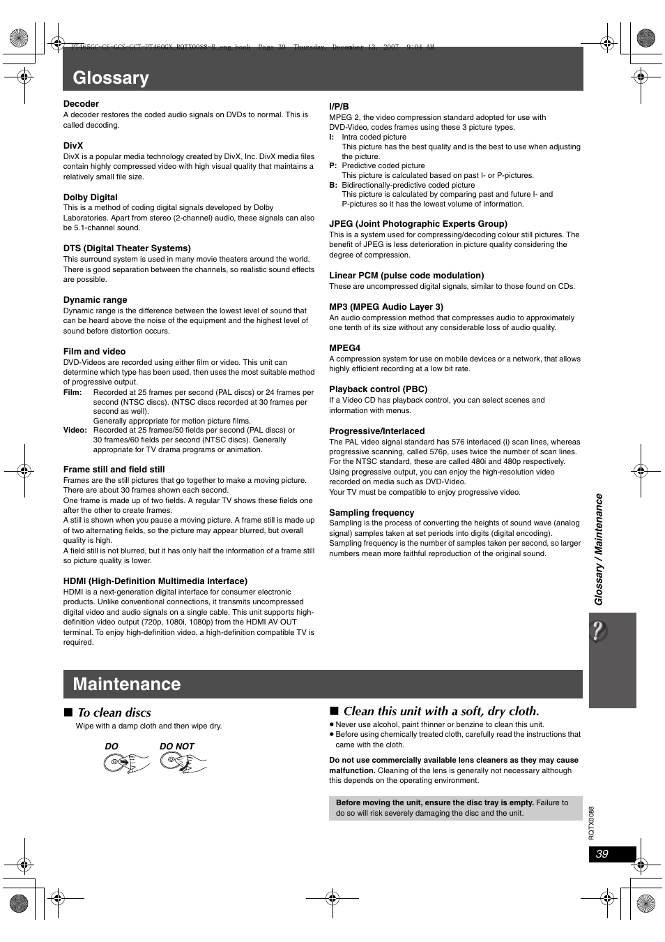 Glossary, Maintenance, Clean this unit with a soft, dry cloth | Panasonic SC-PT465 User Manual | Page 39 / 44