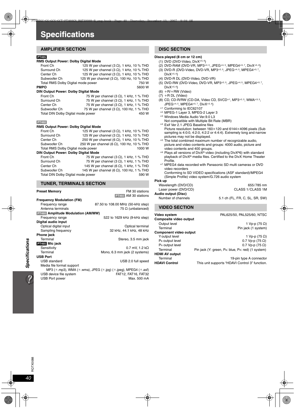 Specifications | Panasonic SC-PT465 User Manual | Page 40 / 44