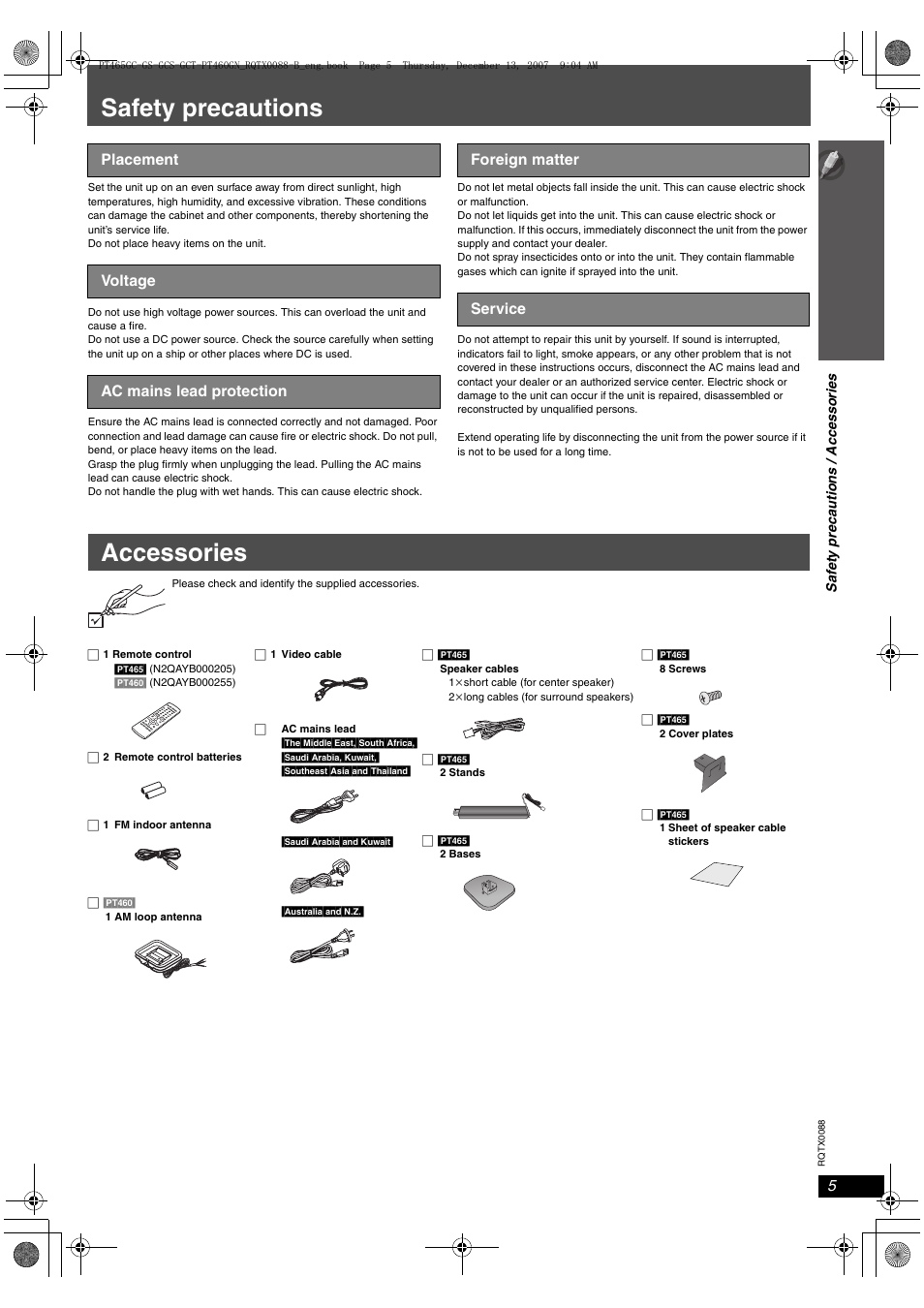 Accessories, Safety precautions | Panasonic SC-PT465 User Manual | Page 5 / 44
