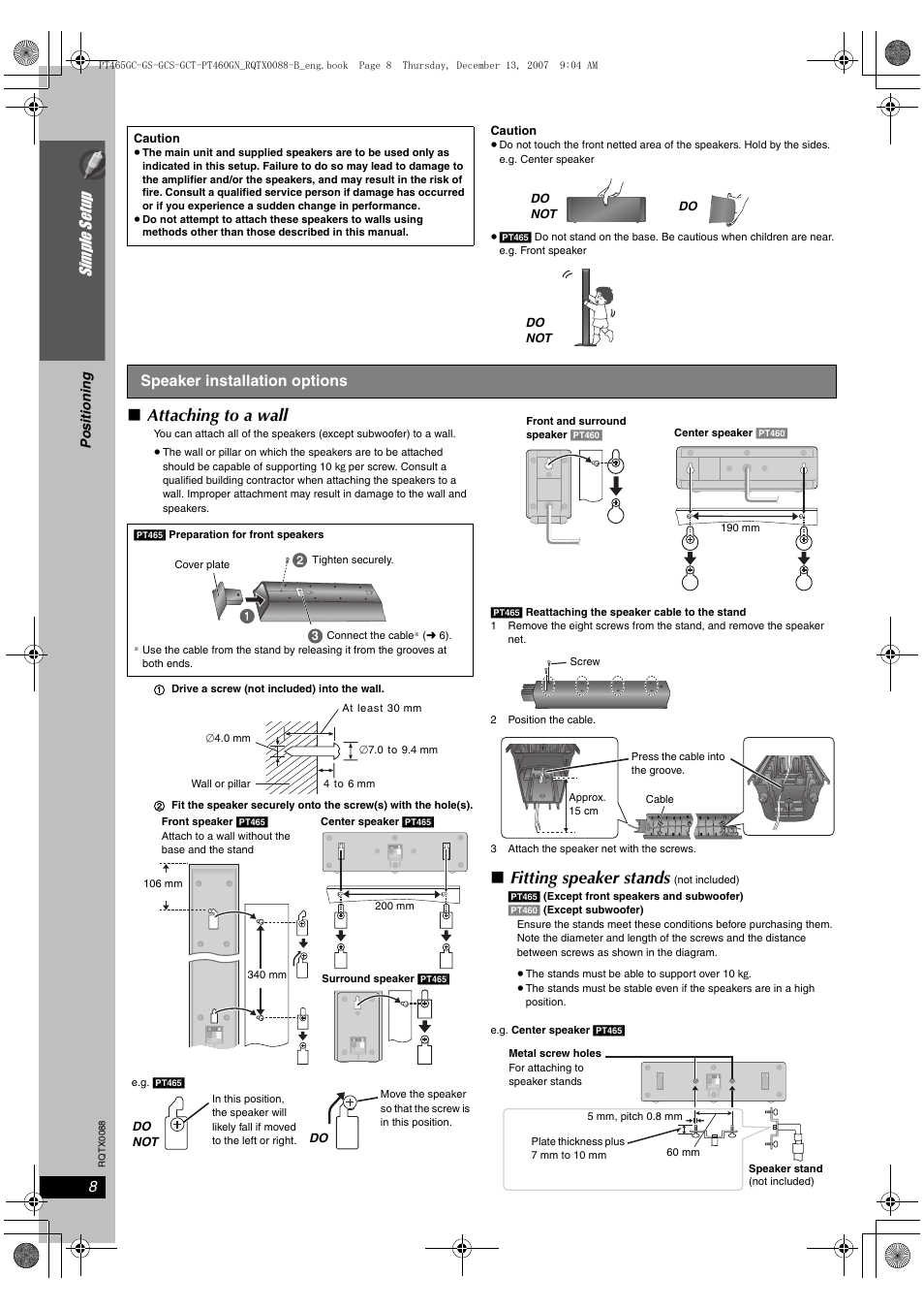 Attaching to a wall, Fitting speaker stands, Si mp le s etu p | Panasonic SC-PT465 User Manual | Page 8 / 44