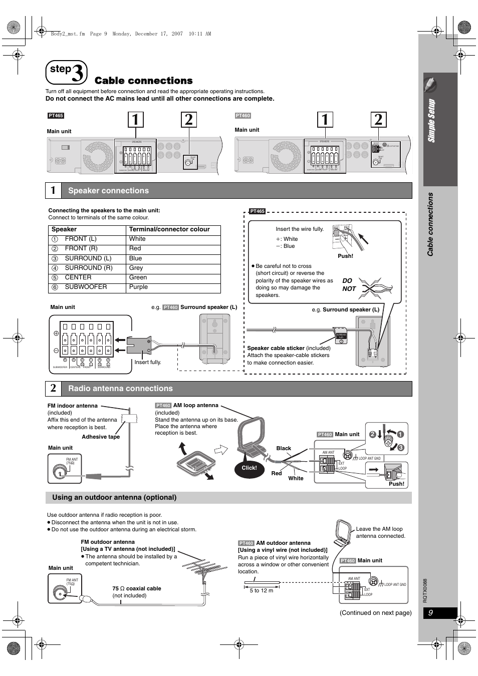 Step, Cable connections, Si mp le s etu p | Speaker connections, Radio antenna connections, Cab le connections, Using an outdoor antenna (optional) | Panasonic SC-PT465 User Manual | Page 9 / 44