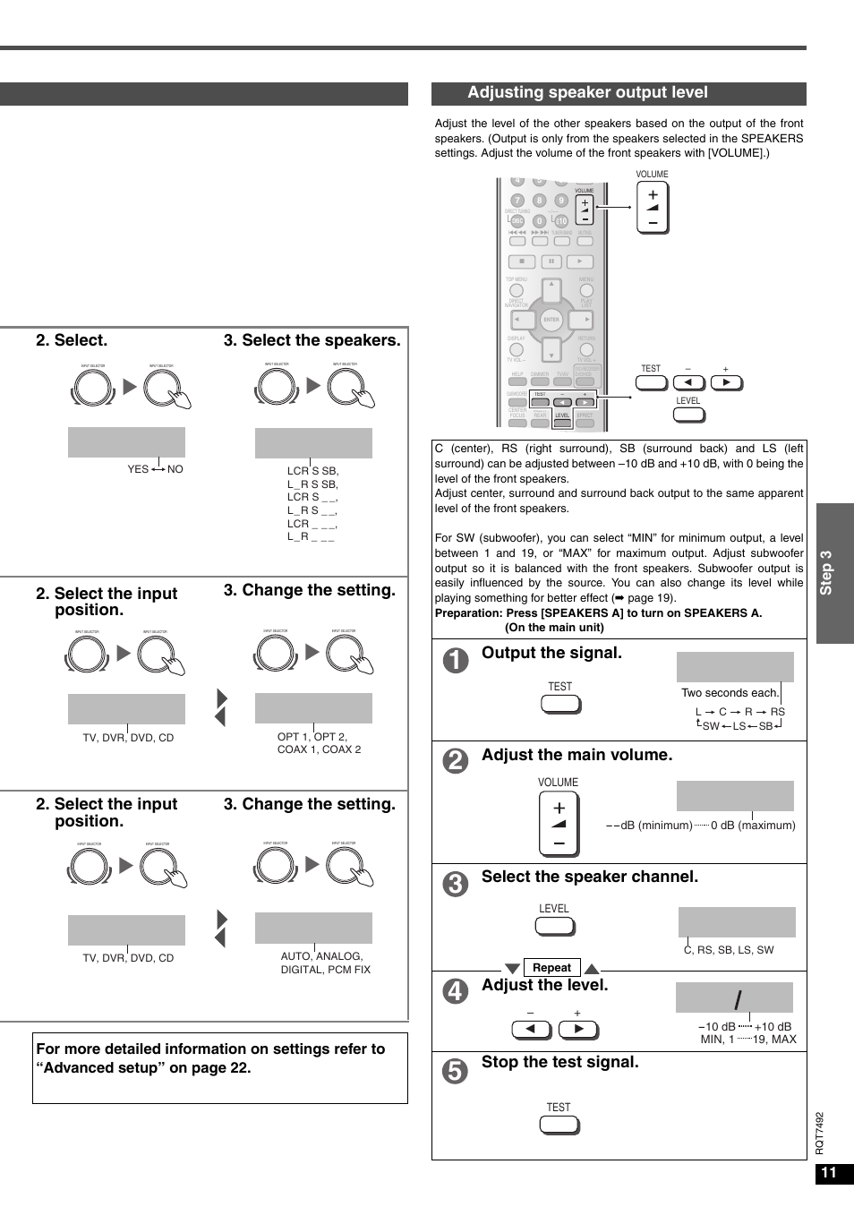 Subw yes, Lcr s sb, Opt 1 | Test l, Vol- 50db, Auto, C 0db, C - 4db, Adjusting speaker output level, Select. 3. select the speakers | Panasonic SA-XR50  EN User Manual | Page 11 / 24