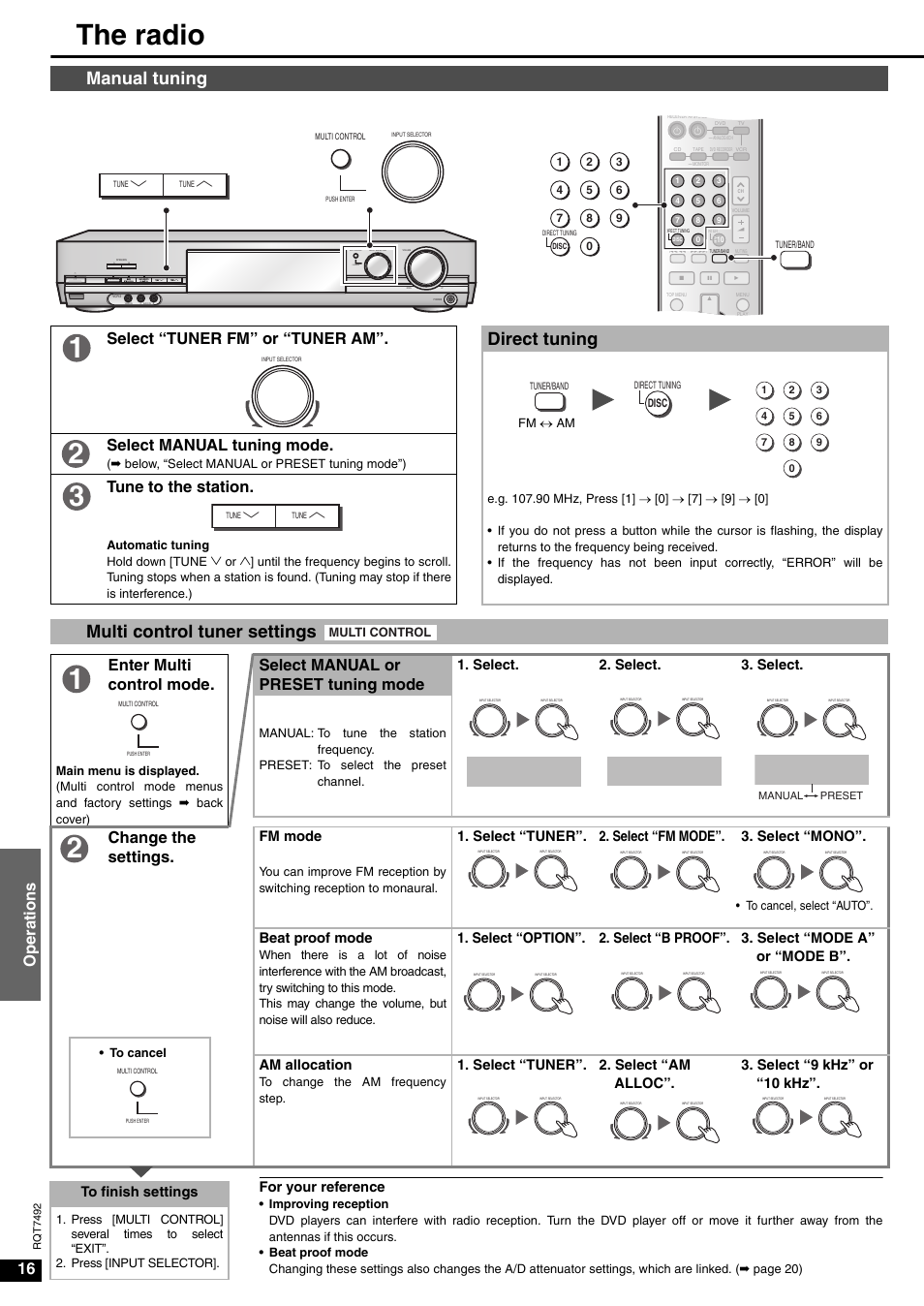 Tuner tuning, Manual, The radio | Manual tuning, Direct tuning, Multi control tuner settings, 16 oper ations, Select “tuner fm” or “tuner am, Select manual tuning mode, Tune to the station | Panasonic SA-XR50  EN User Manual | Page 16 / 24