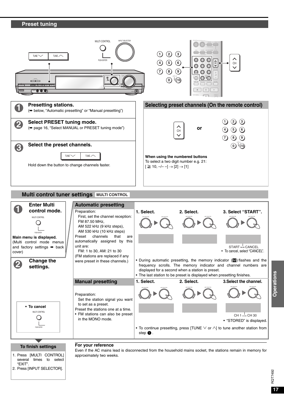 Tuner auto mem, Start, Tuner | Ch 1, Preset tuning, Selecting preset channels (on the remote control), Multi control tuner settings, 17 oper ations, Presetting stations, Select preset tuning mode | Panasonic SA-XR50  EN User Manual | Page 17 / 24