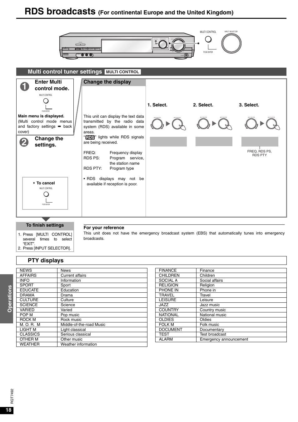 Tuner, Display, Freq | Rds broadcasts, Pty displays, 18 oper ations, Enter multi control mode, Change the display, Change the settings | Panasonic SA-XR50  EN User Manual | Page 18 / 24