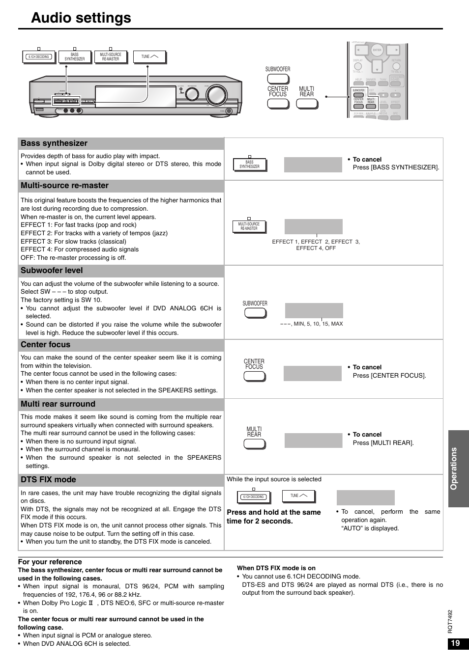 Bass on, Effect 1, Sw 10 | C.focus, M.rear, Dts fix, Audio settings, 19 oper ations, Bass synthesizer, Multi-source re-master | Panasonic SA-XR50  EN User Manual | Page 19 / 24