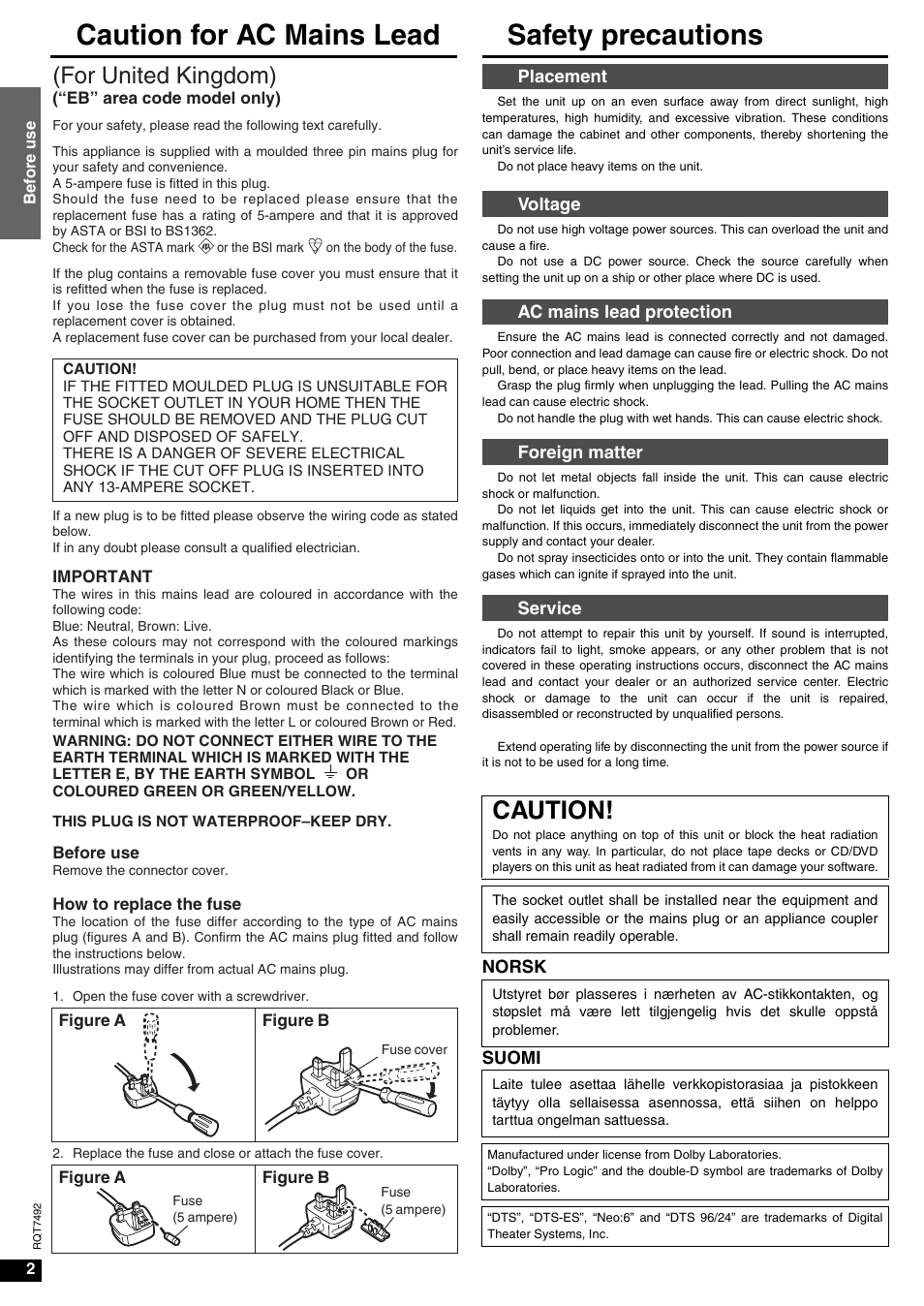 Caution for ac mains lead safety precautions, Caution, For united kingdom) | Panasonic SA-XR50  EN User Manual | Page 2 / 24