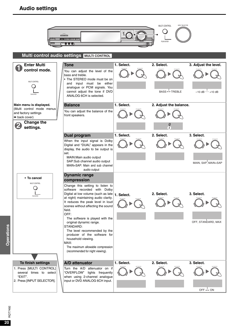 Tone, Bass, Option | Dual prg, Main, Dr comp, A/ d att, Audio settings, Multi control audio settings, 20 oper ations | Panasonic SA-XR50  EN User Manual | Page 20 / 24